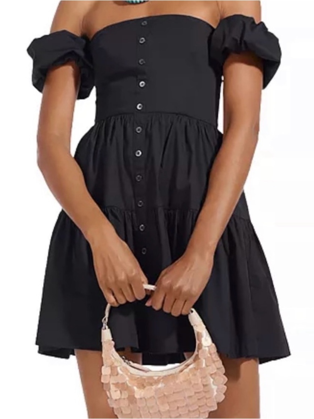 STAUD Black Elio Off-the-Shoulder Tiered Mini Dress Cotton Poplin SIZE‎ 12